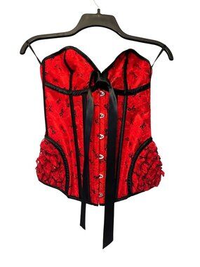 Red & Black Lace Bustier With Ruffled Sides Ribbon Tie & Corset Lacing
